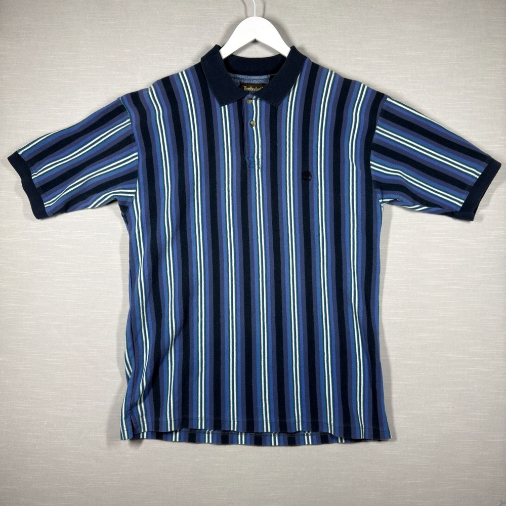 Vintage Timberland Polo Mens XL Black Blue Striped Short Sleeve Dad 80s 90s